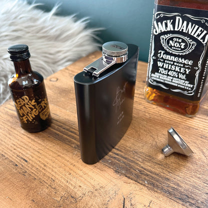 Personalised Engraved Black Metal Hip Flask 6oz - Script Font | Wedding Groomsman & Father of the Bride/Groom Gift