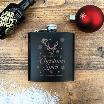 Personalised Christmas Stag Engraved Black Metal Hip Flask 6oz
