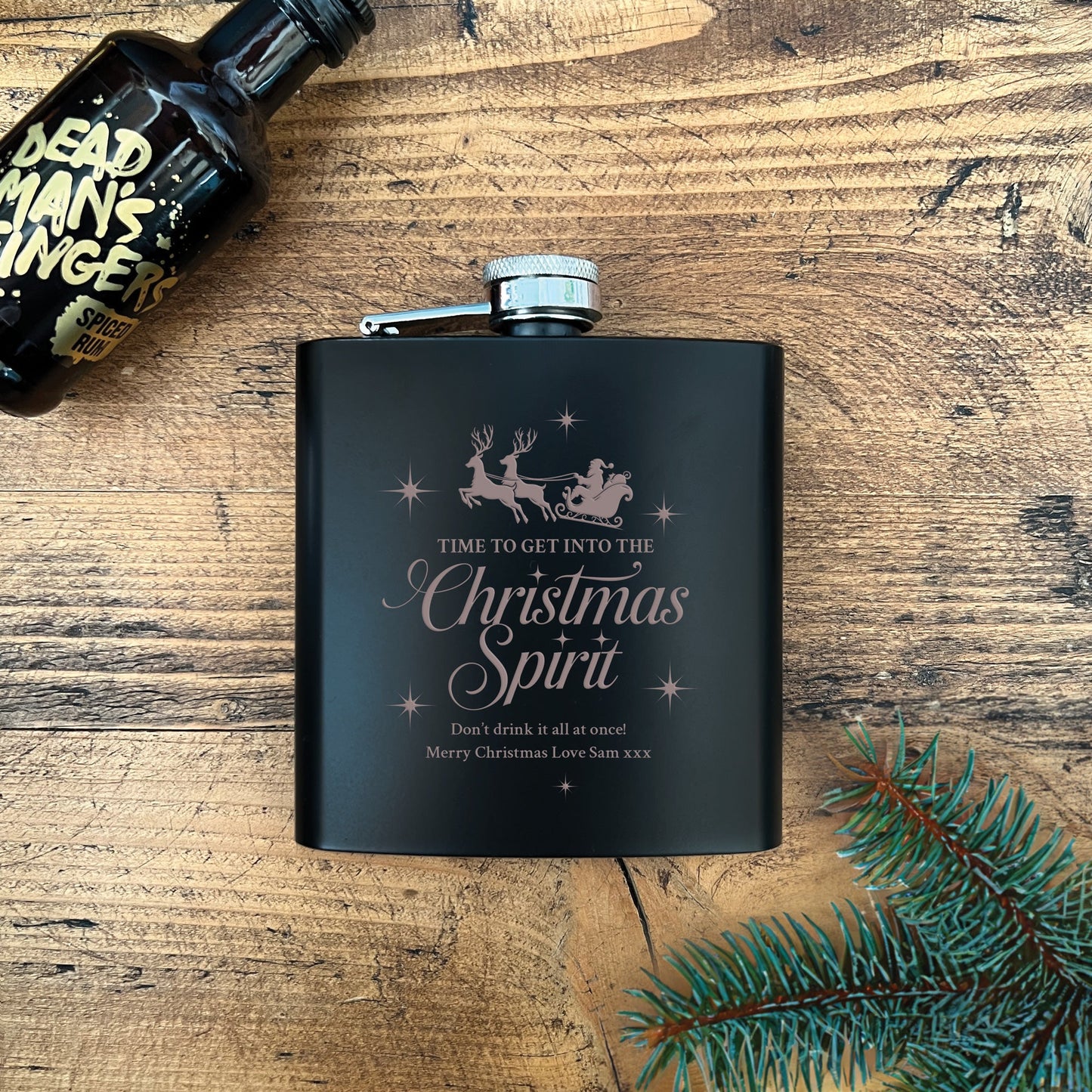 Personalised Christmas Spirit Engraved Black Metal Hip Flask 6oz + Luxury Gift Box