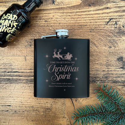 Personalised Christmas Spirit Engraved Black Metal Hip Flask 6oz