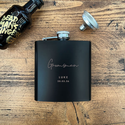 Personalised Engraved Black Metal Hip Flask 6oz - Script Font | Wedding Groomsman & Father of the Bride/Groom Gift