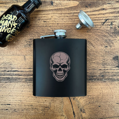 Engraved Skull Black Metal Hip Flask 6oz - 5 Designs | Birthday Gifts For Him, Father's Day