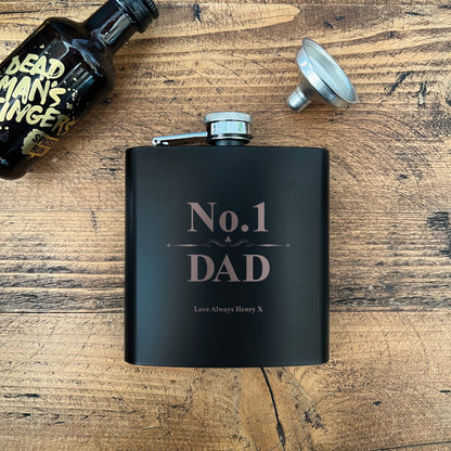 Personalised No.1 Dad Scroll Engraved Black Metal Hip Flask 6oz
