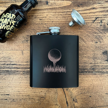 Engraved Golf Black Metal Hip Flask 6oz - 7 Designs | Birthday & Father's Day Gift