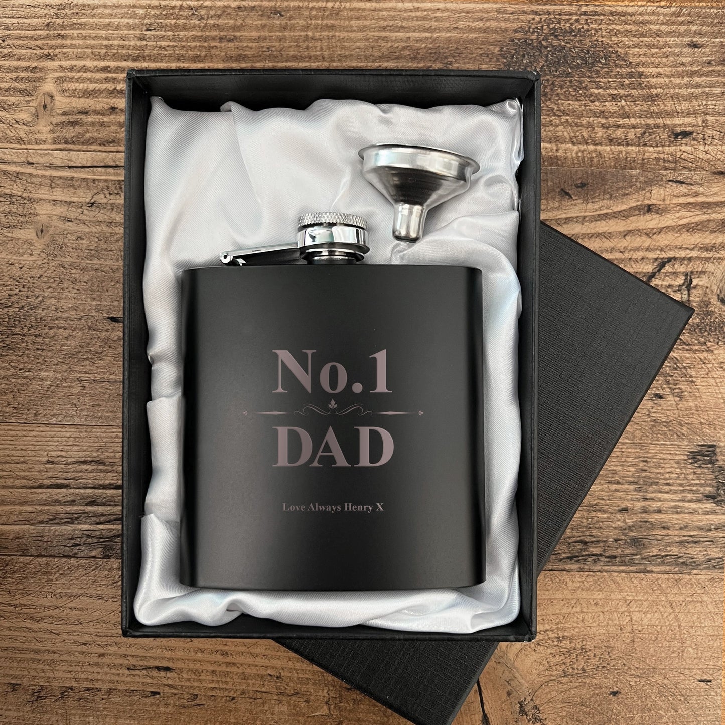 Personalised No.1 Dad Scroll Engraved Black Metal Hip Flask 6oz