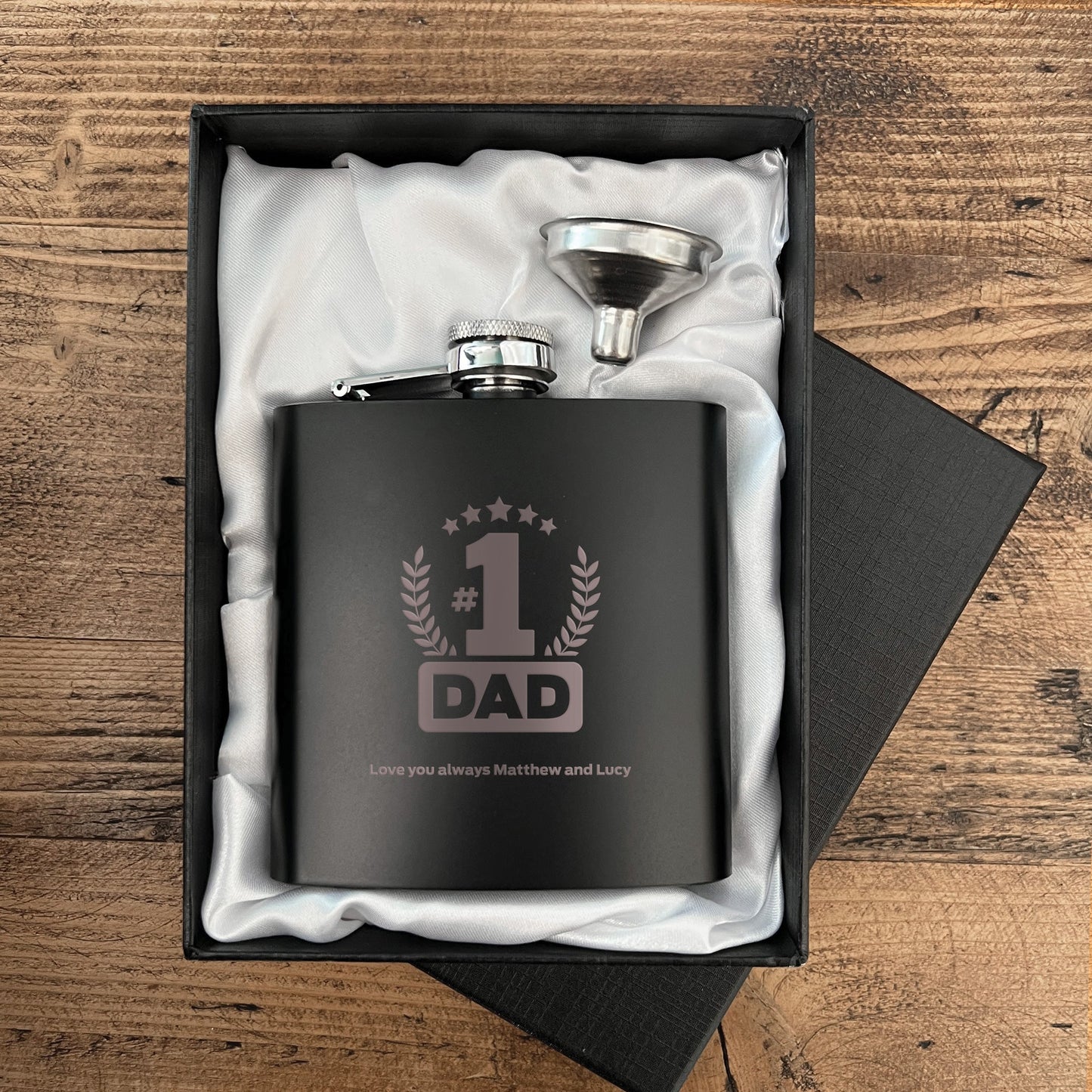 Personalised No.1 Dad Engraved Black Metal Hip Flask 6oz