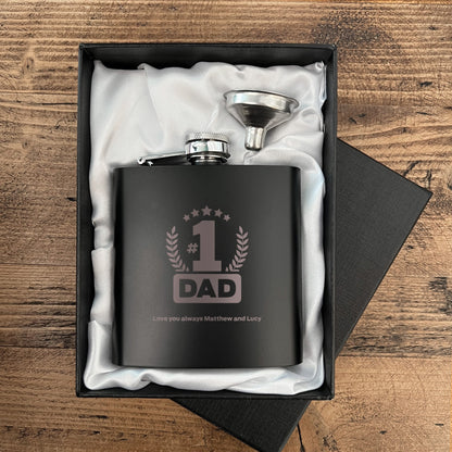 Personalised No.1 Dad Engraved Black Metal Hip Flask 6oz