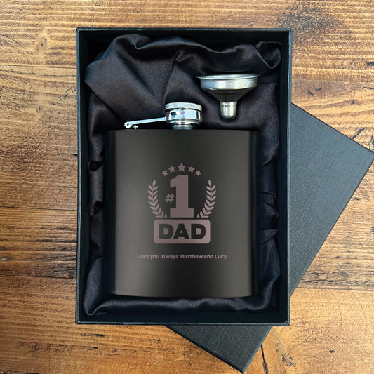 Personalised No.1 Dad Engraved Black Metal Hip Flask 6oz