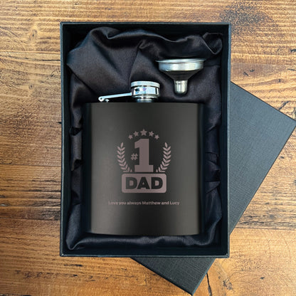 Personalised No.1 Dad Engraved Black Metal Hip Flask 6oz