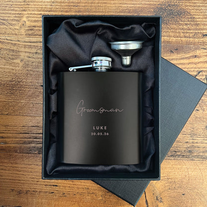 Personalised Engraved Black Metal Hip Flask 6oz - Script Font | Wedding Groomsman & Father of the Bride/Groom Gift