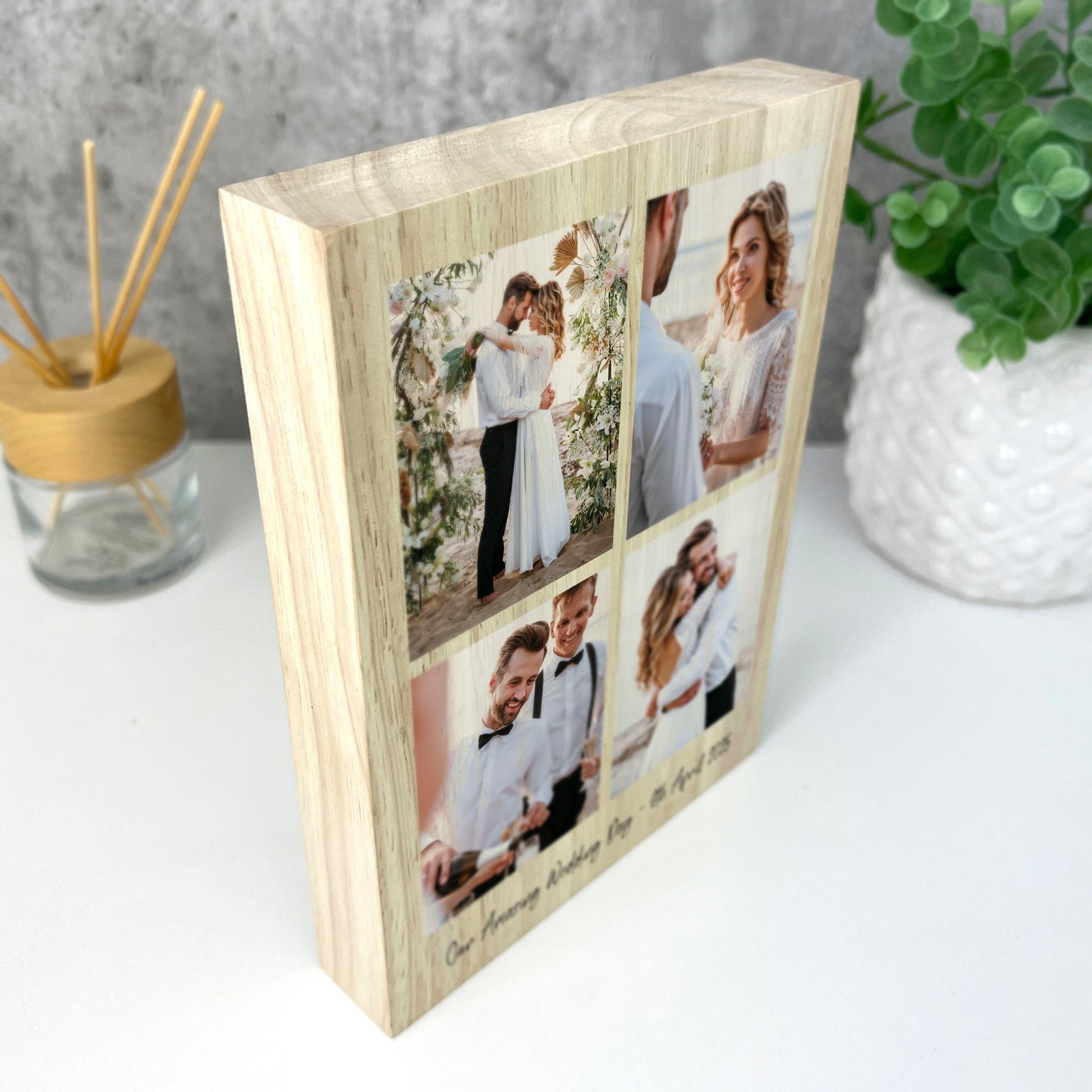 Personalised Freestanding Four Photo Grid Giant Wooden Block (21cm x 15cm) - Portrait