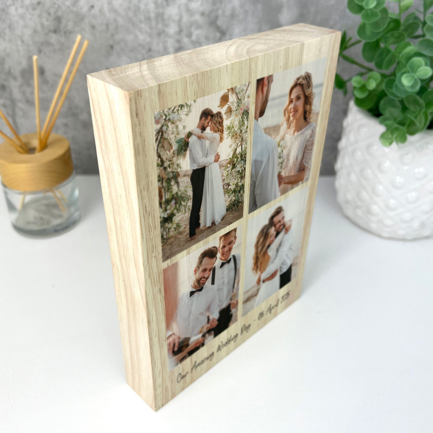 Personalised Freestanding Four Photo Grid Giant Wooden Block (21cm x 15cm) - Portrait