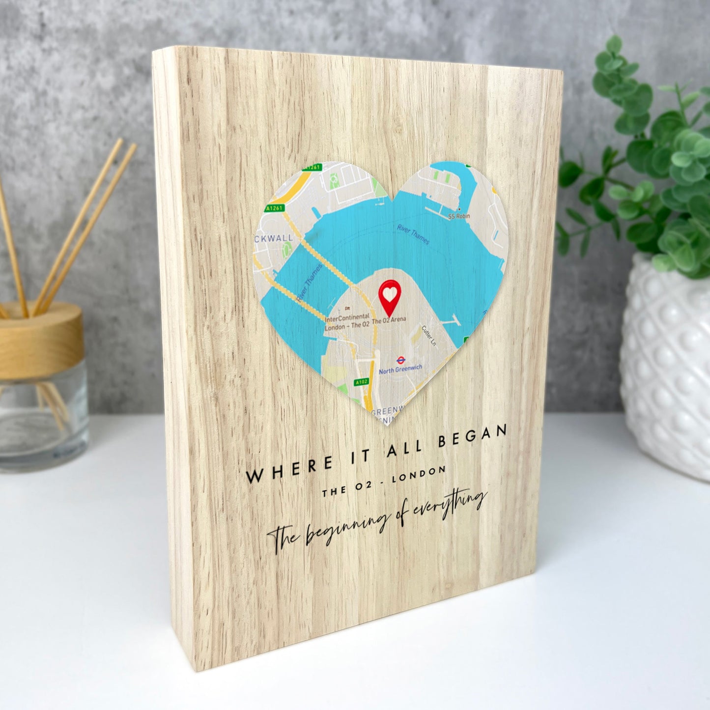 Personalised Heart Map Location Giant Wooden Block (21cm x 15cm)
