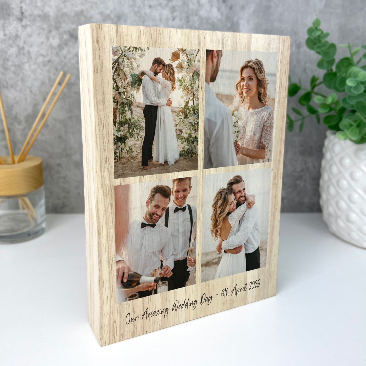 Personalised Freestanding Four Photo Grid Giant Wooden Block (21cm x 15cm) - Portrait