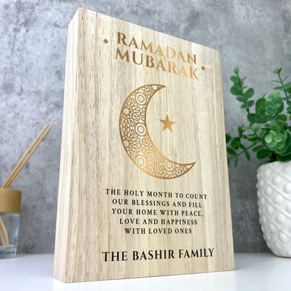 Personalised Ramadan Mubarak Crescent Giant Wooden Block (21cm x 15cm)