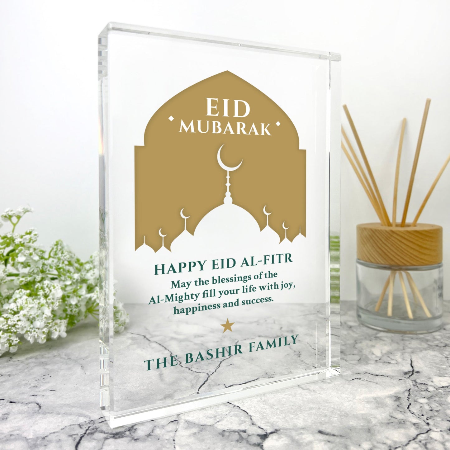 Personalised Eid al-Fitr Mosque Silhouette Giant Crystal Block (19.5cm x 14cm)
