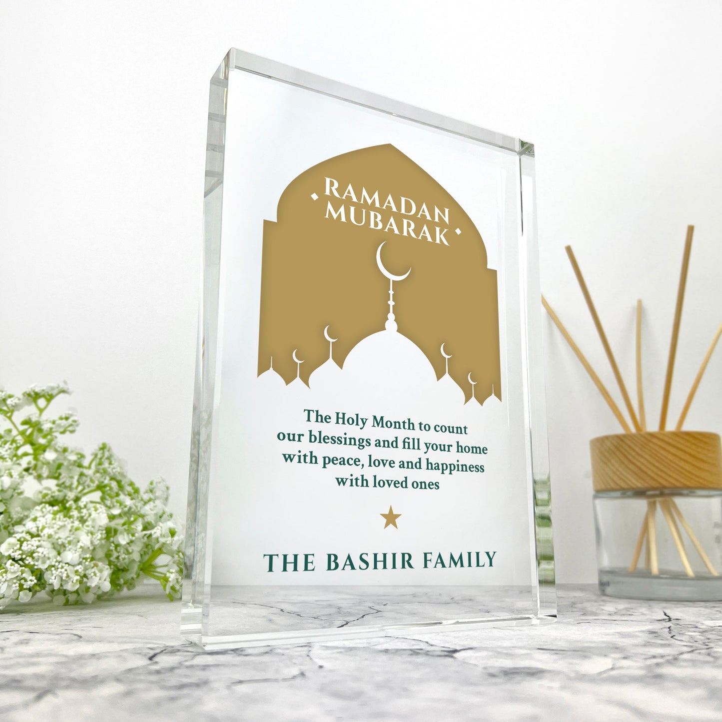 Personalised Ramadan Mubarak Mosque Silhouette Giant Crystal Block (19.5cm x 14cm)