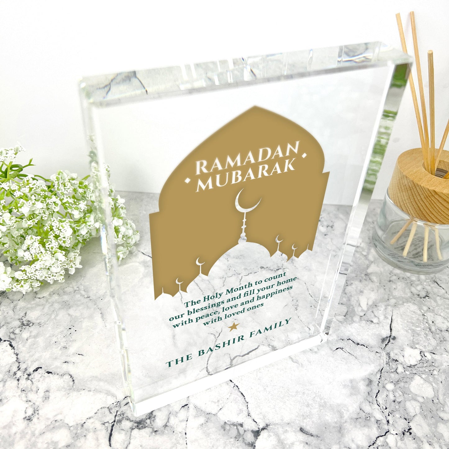 Personalised Ramadan Mubarak Mosque Silhouette Giant Crystal Block (19.5cm x 14cm)