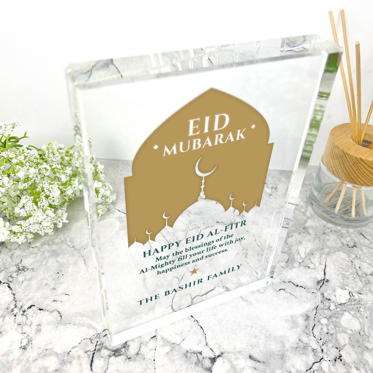 Personalised Eid al-Fitr Mosque Silhouette Giant Crystal Block (19.5cm x 14cm)