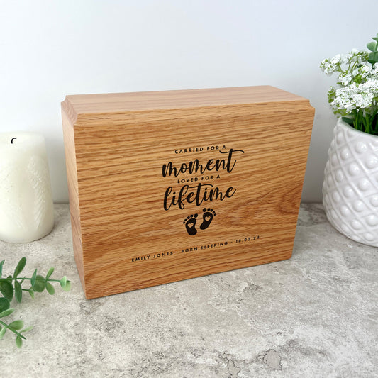Personalised Slim Oak Urn For Cremation Ashes - Angel Baby Design