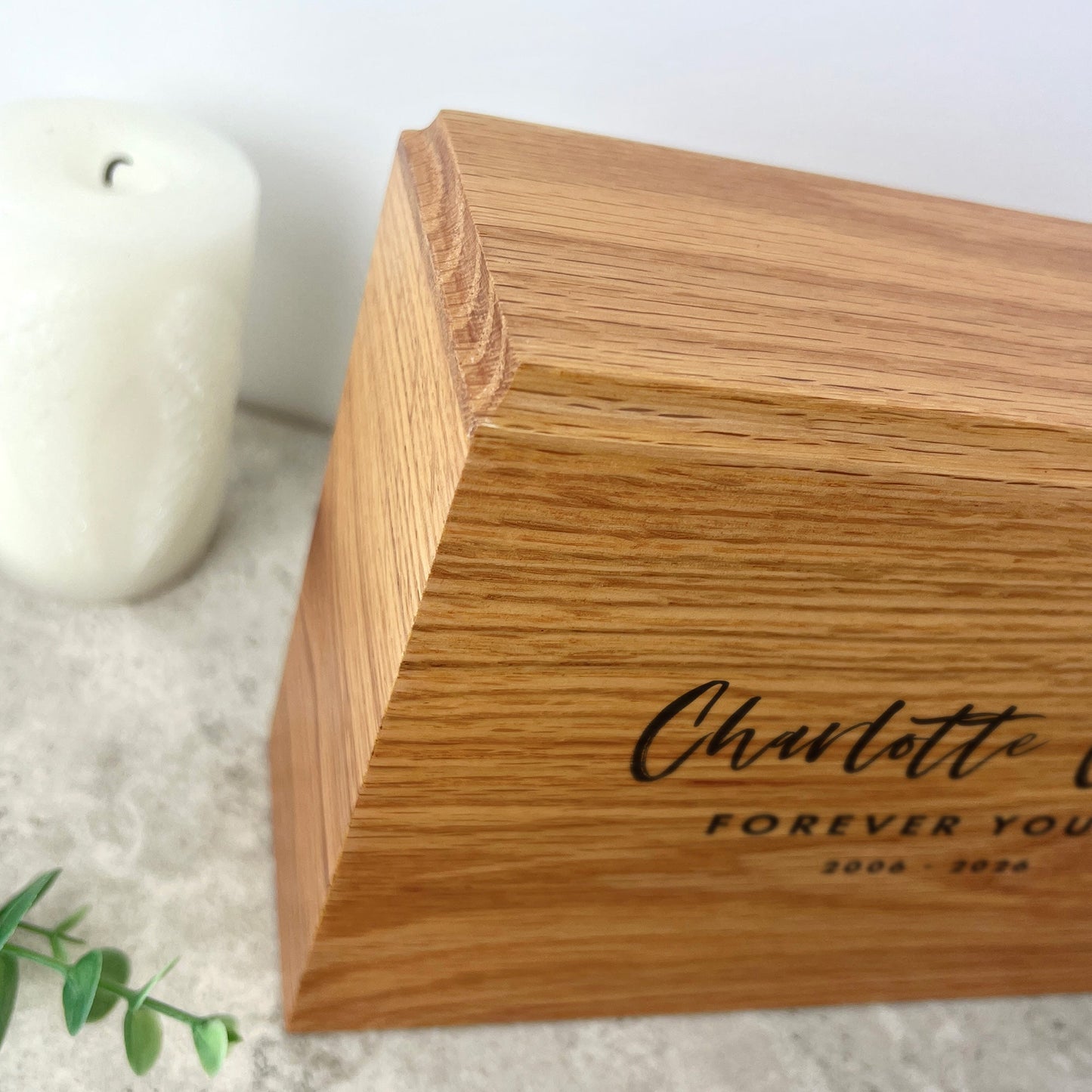 Personalised Slim Oak Urn For Cremation Ashes - Modern Script Design