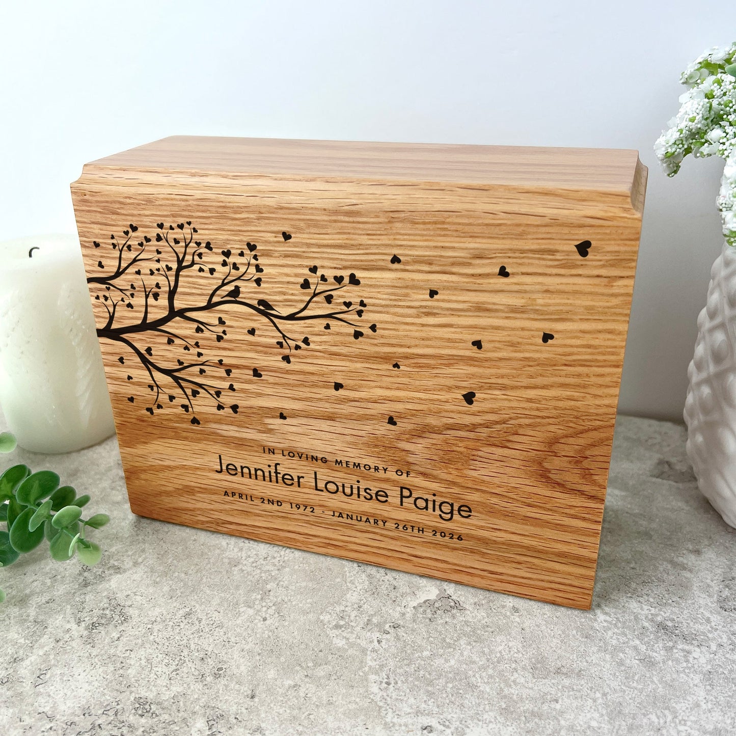 Personalised Slim Oak Urn For Cremation Ashes - Branch of Love Design