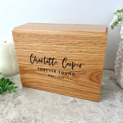 Personalised Slim Oak Urn For Cremation Ashes - Modern Script Design