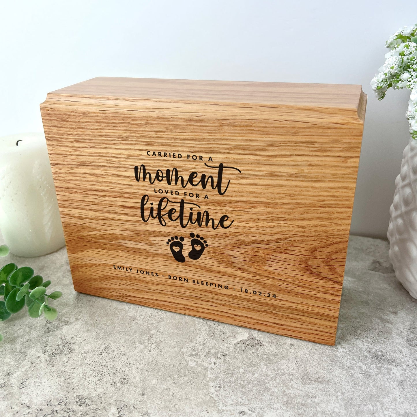 Personalised Slim Oak Urn For Cremation Ashes - Angel Baby Design