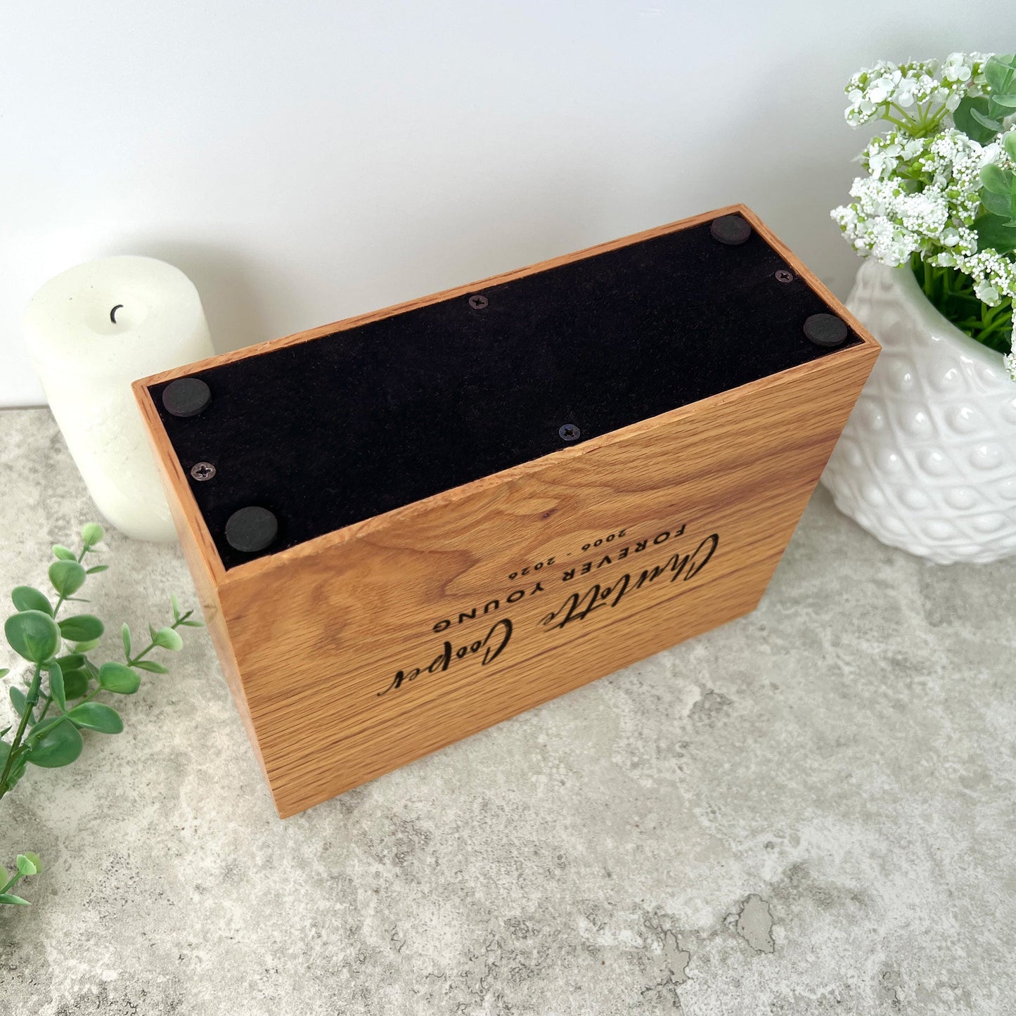 Personalised Slim Oak Urn For Cremation Ashes - Modern Script Design