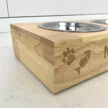 Personalised Wooden Raised Double Cat Bowl