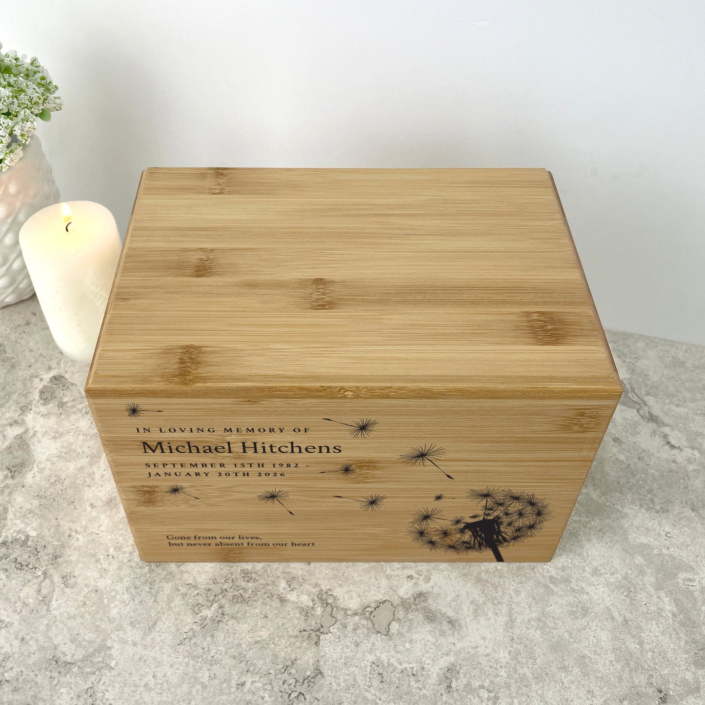 Personalised Bamboo Urn For Cremation Ashes - Dandelion Design