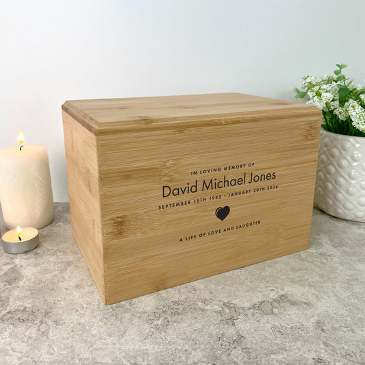 Personalised Bamboo Urn For Cremation Ashes - Name & Icon Design