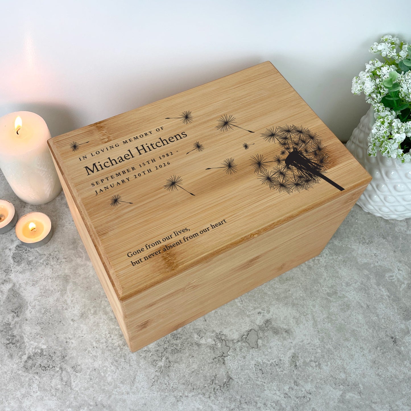 Personalised Bamboo Urn For Cremation Ashes - Dandelion Design