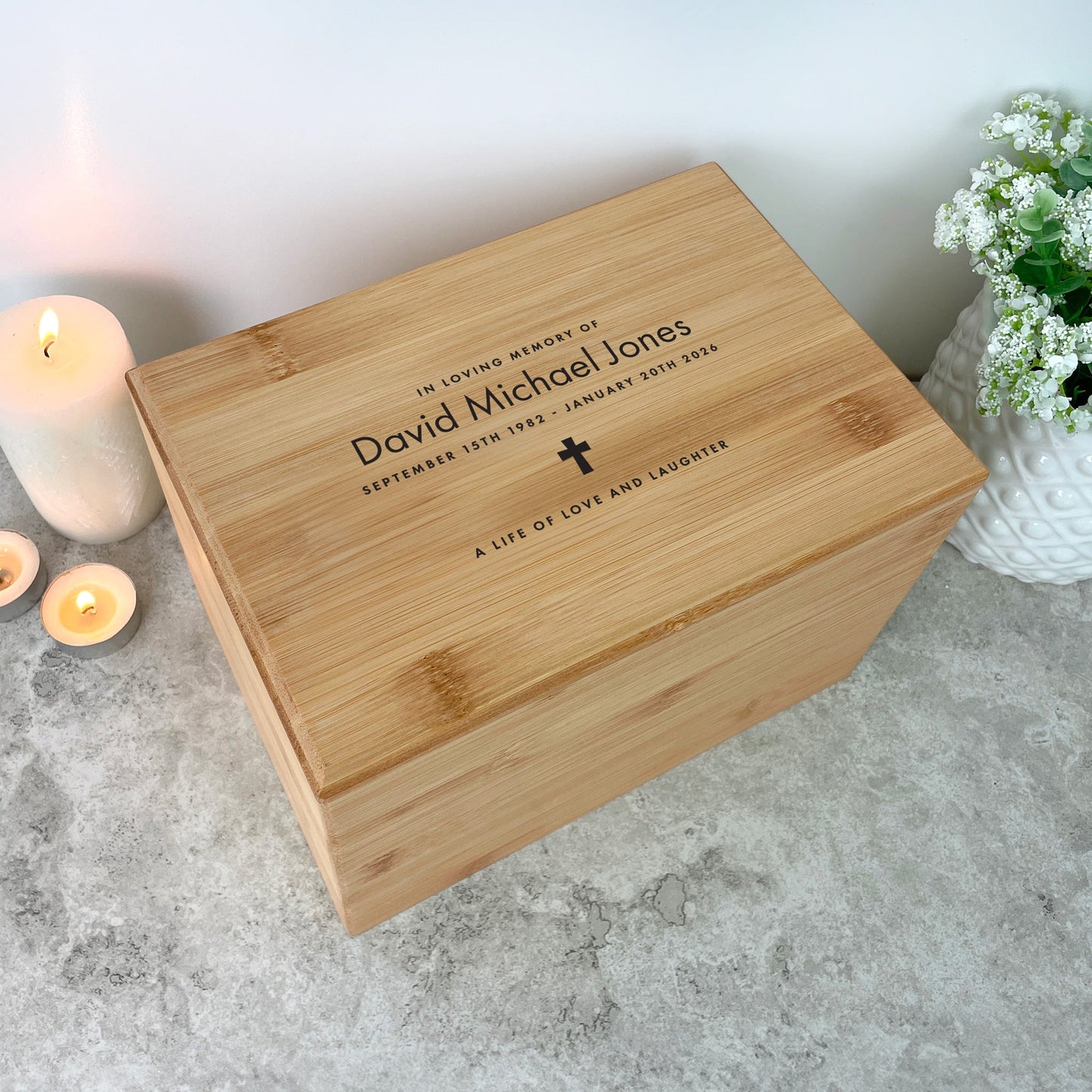 Personalised Bamboo Urn For Cremation Ashes - Name & Icon Design
