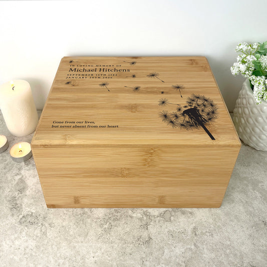 Personalised Bamboo Urn For Cremation Ashes - Dandelion Design