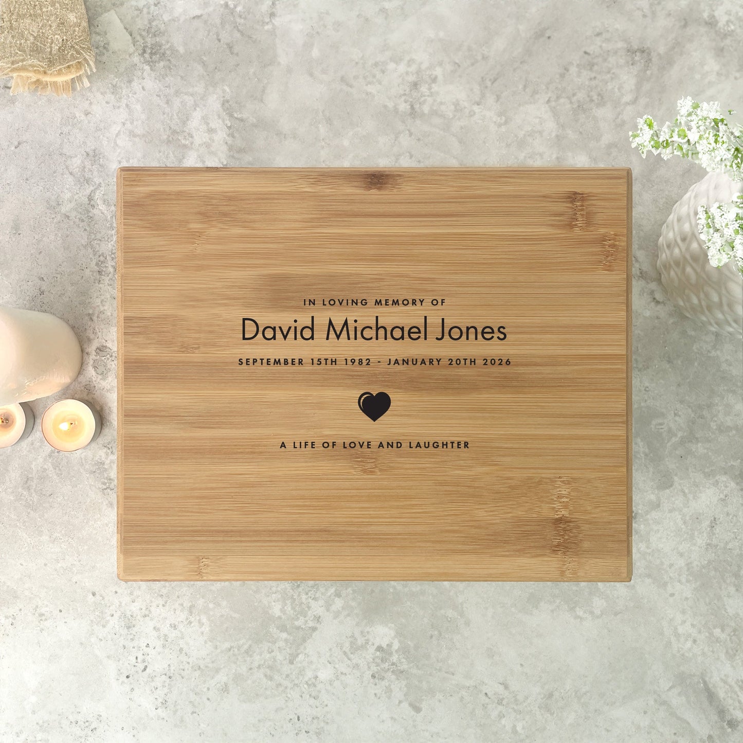 Personalised Bamboo Urn For Cremation Ashes - Name & Icon Design