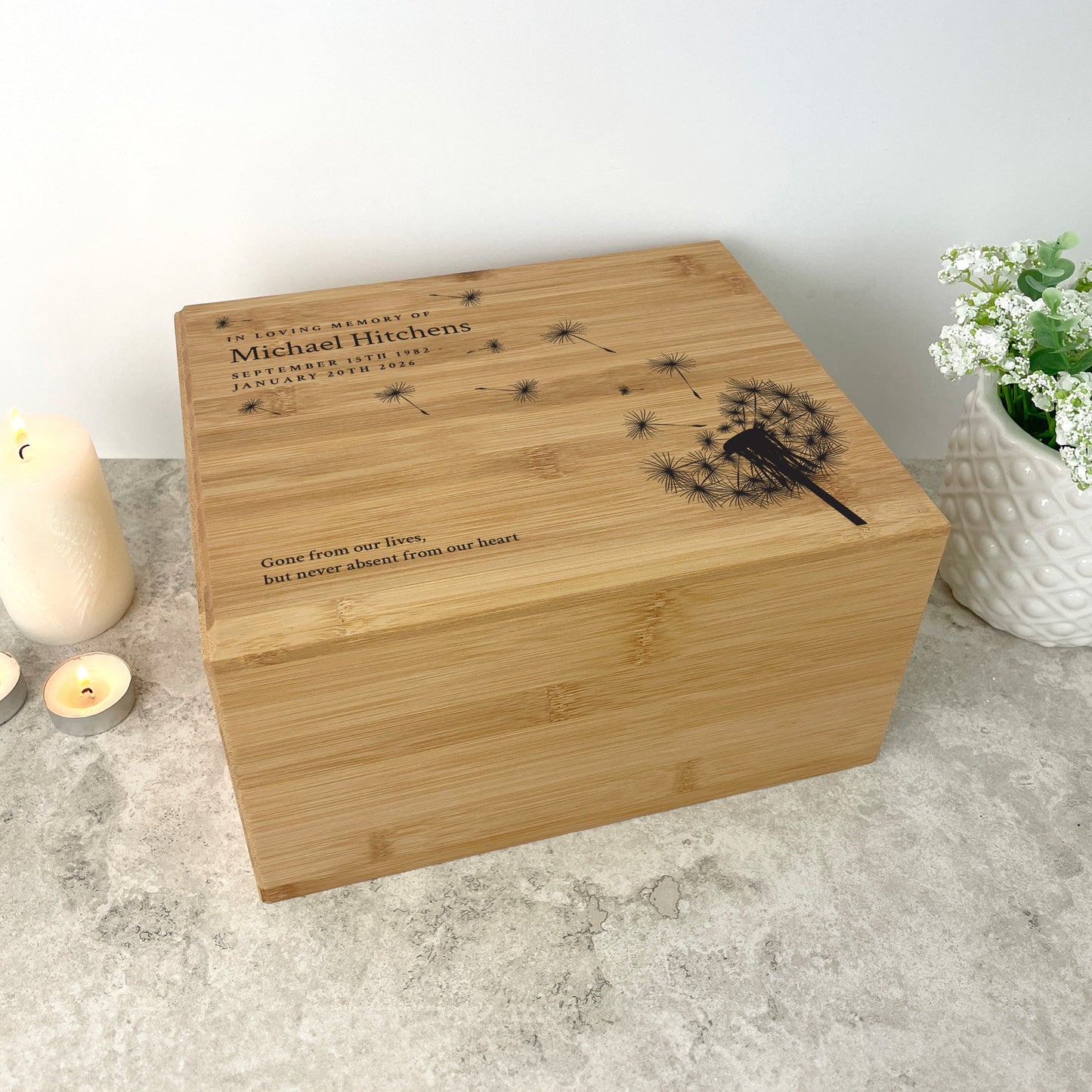 Personalised Bamboo Urn For Cremation Ashes - Dandelion Design