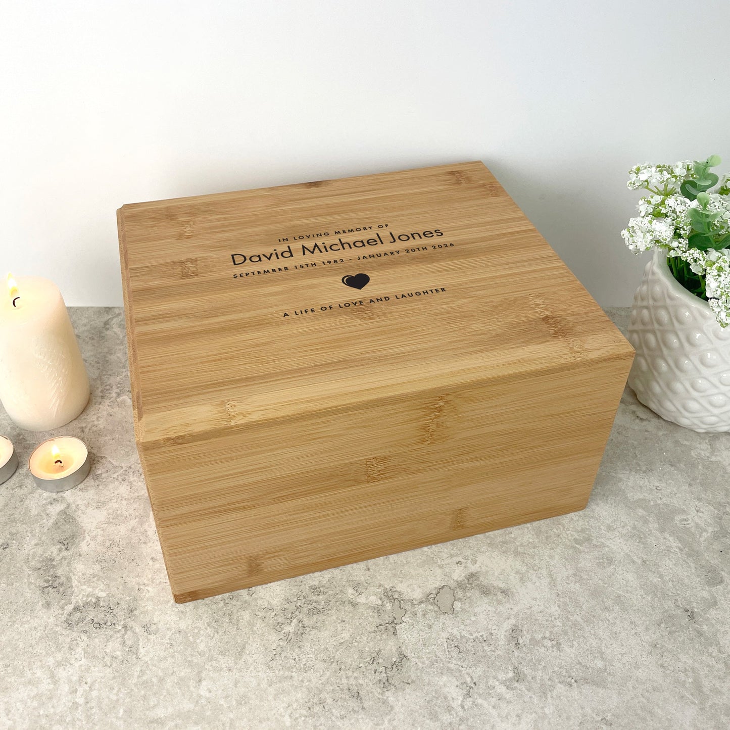 Personalised Bamboo Urn For Cremation Ashes - Name & Icon Design