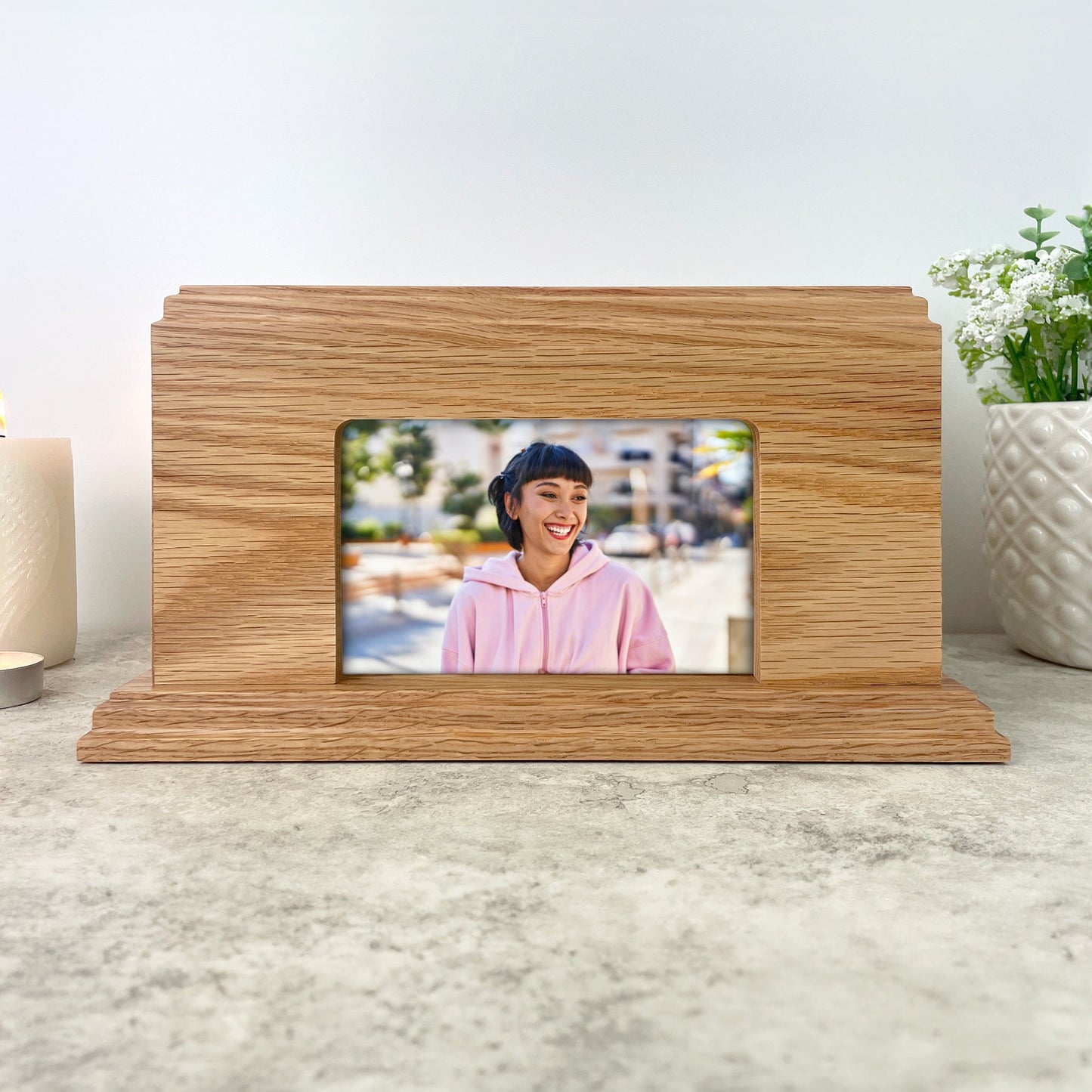 Personalised Oak Photo Urn For Cremation Ashes - Modern Script Design