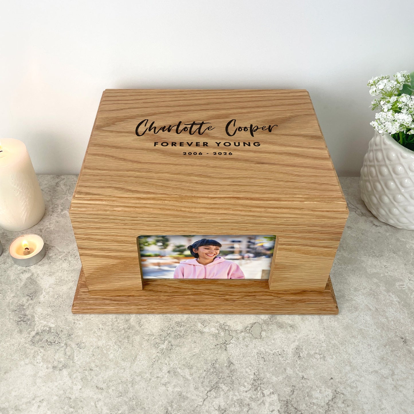 Personalised Oak Photo Urn For Cremation Ashes - Modern Script Design