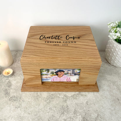 Personalised Oak Photo Urn For Cremation Ashes - Modern Script Design