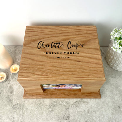 Personalised Oak Photo Urn For Cremation Ashes - Modern Script Design