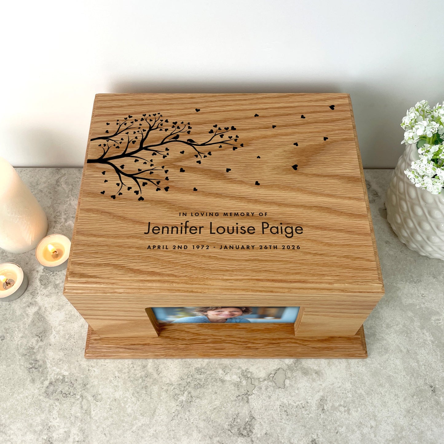 Personalised Oak Photo Urn For Cremation Ashes - Branch of Love Design