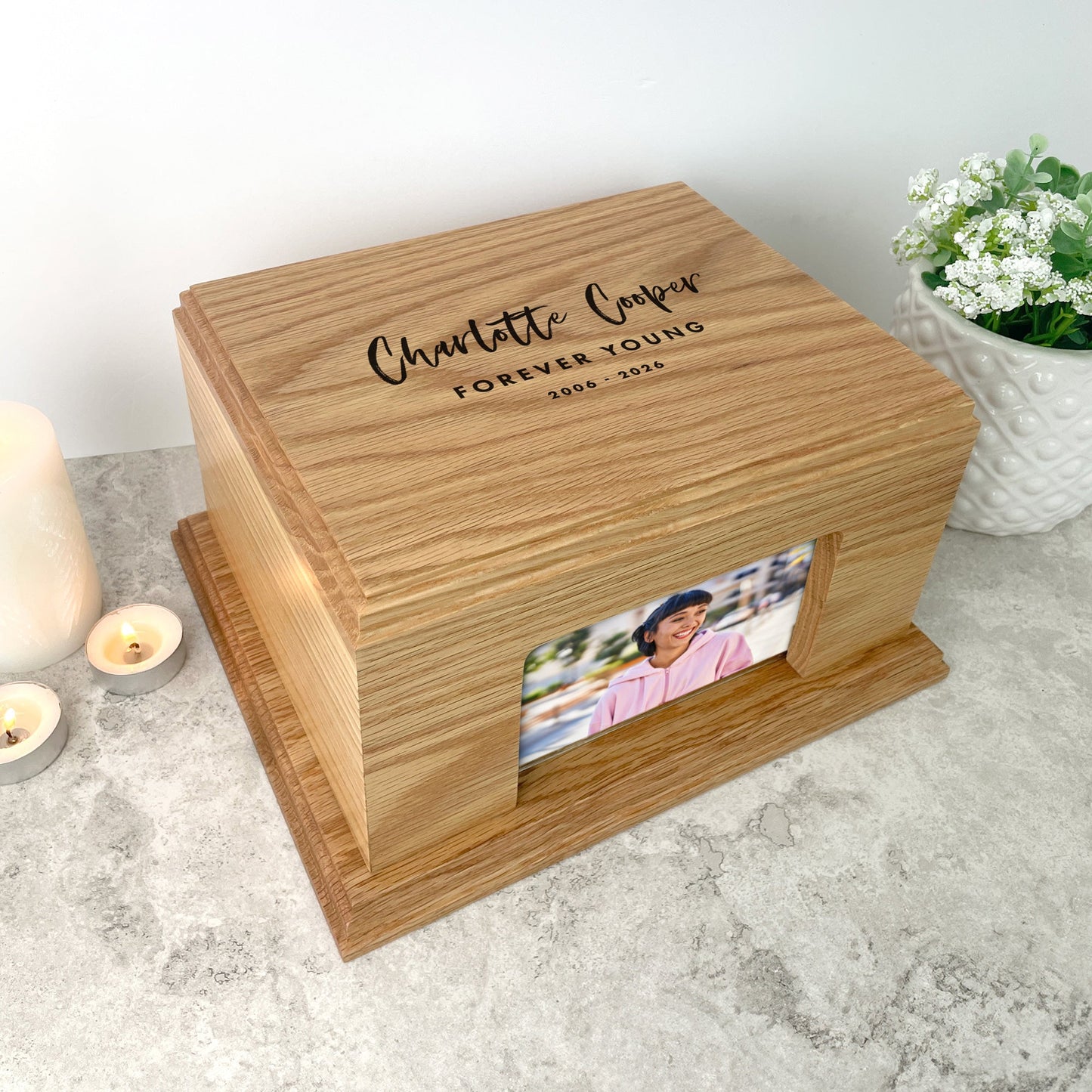 Personalised Oak Photo Urn For Cremation Ashes - Modern Script Design