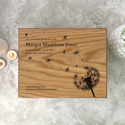 Personalised Oak Photo Urn For Cremation Ashes - Dandelion Design