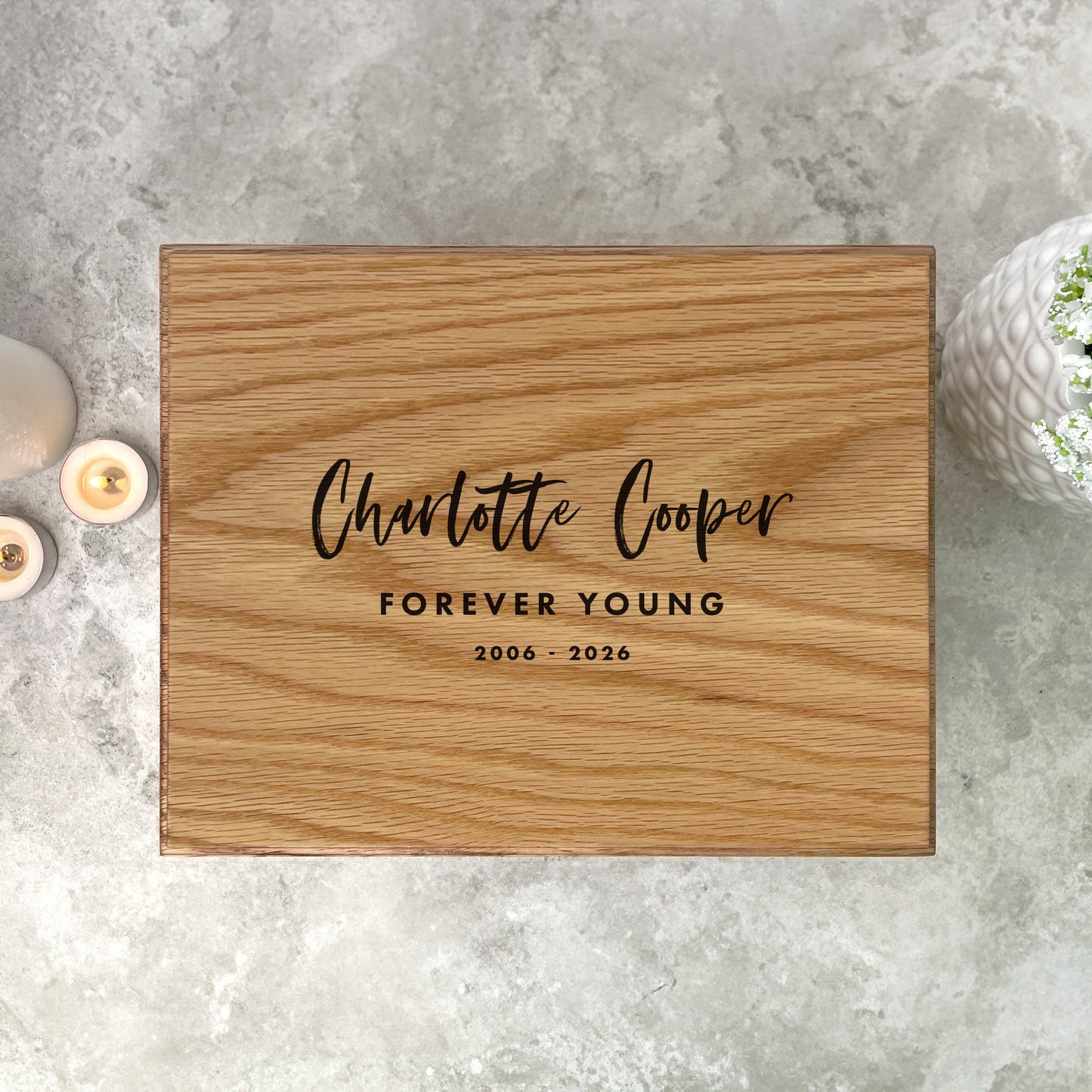 Personalised Oak Photo Urn For Cremation Ashes - Modern Script Design