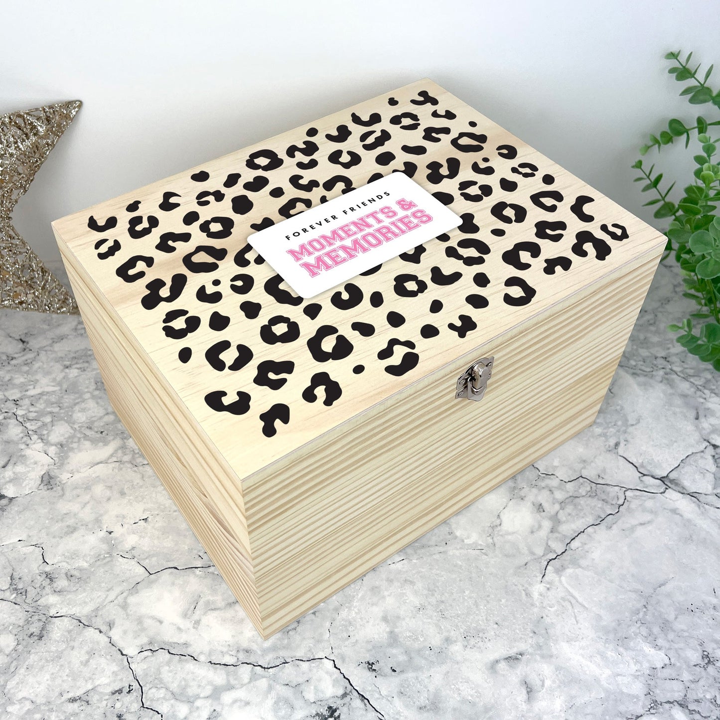 Personalised Leopard Print Wooden Memory Box - Moments & Memories | Birthday Gift for Friends