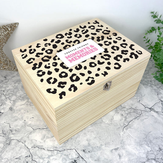 Personalised Leopard Print Wooden Memory Box - Moments & Memories | Birthday Gift for Friends