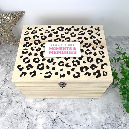 Personalised Leopard Print Wooden Memory Box - Moments & Memories | Birthday Gift for Friends