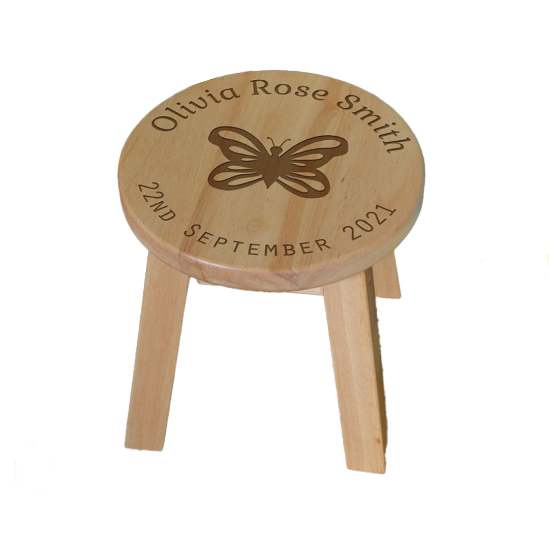 Personalised Children's Stool Date of Birth with Football Butterfly Teddy Flower or Bicycle
